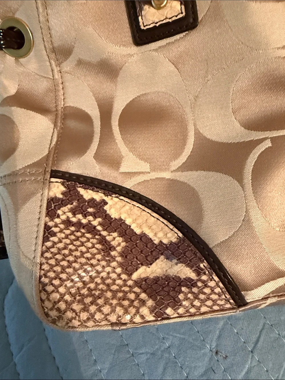 Coach Beige Signature Canvas Shoulder Tote with Dark Brown Trim
